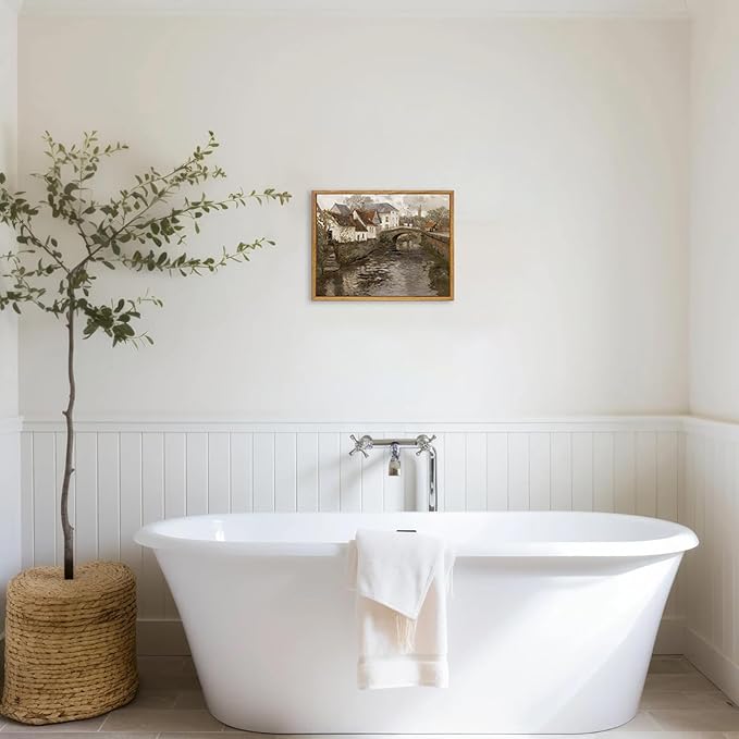 KBKBART Vintage Wall Art, Retro European Village Country Framed Canvas Art Prints Painting Farmhouse Decor, Rustic Impressionism Scenic Landscape Wall Decor for Bathroom, Bedroom Living Room, Vintage