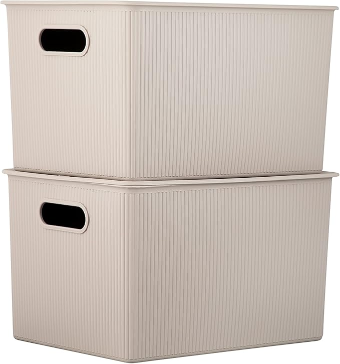 Superio Ribbed Collection - Decorative Plastic Lidded Home Storage Bins Organizer Baskets, X-Large Taupe (1 Pack - 22 Liter) Stackable Container Box, for Organizing Closet Shelves Drawer Shelf