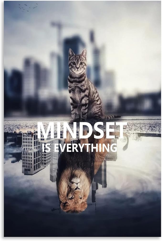 Inspirational Animal Cat And Lion Mindset is Everything Inspirational Wall Art Canvas Print Artwork Frame Decoration Modern Home Decoration Living Room Bedroom Ready to Hang[12''W X 18''H]