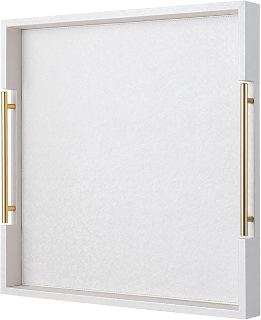 White Leather Large Ottoman Tray for Living Room,Stylish Square Decorative Tray for Coffee Table,Versatile Serving Trays with Handles for Party