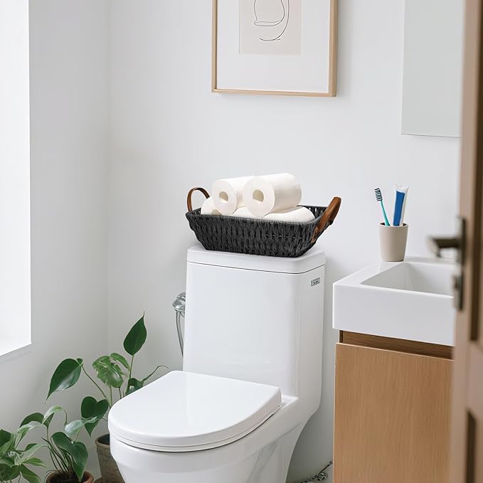 Paper Rope Woven Toilet Paper Basket, Small Wicker Storage Baskets for Organizing with Handles, Bedroom Decor Baskets Toilet Tank Shelf Storage Bins (Set of 2, Black)