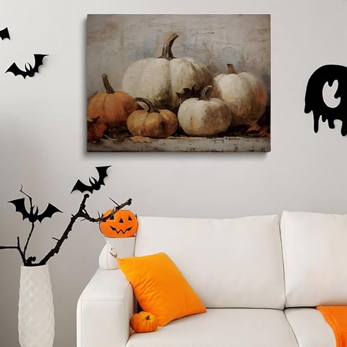 Framed Fall Wall Decor Pumpkin Still Life Canvas Paint posters Rustic Fall Art Vintage Autumn Wall Print Halloween Autumn Decor Thanksgiving 20x30 framed