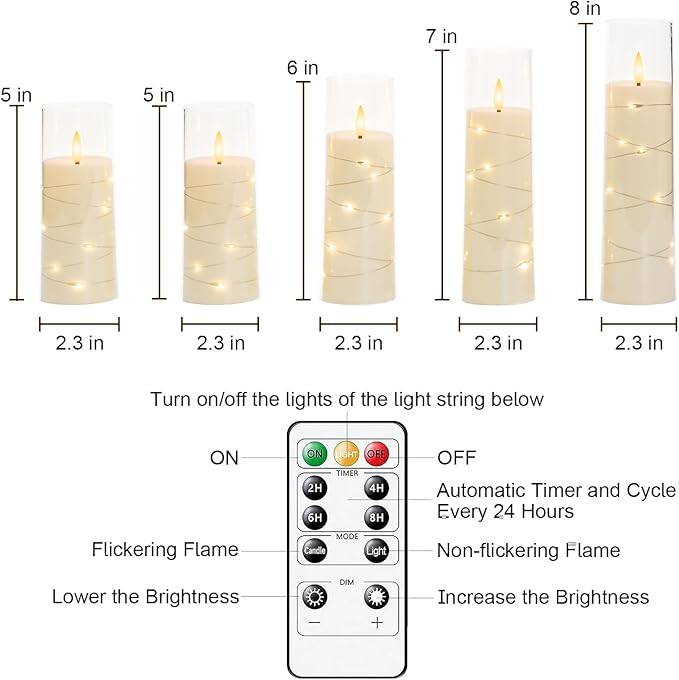 Raycare Flameless LED Candles with Embedded Star String, 5 Pcs Battery Operated Acrylic Pillar Candles with Timer and Remote, Flickering Candle for Romantic Ambiance and Home Decoration(Ivory)