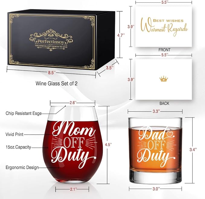 Perfectinsoy Dad Off Duty Whiskey Glasses and Mom Off Duty Red Wine Glasses Gift Set, Wine Glass Gifts for New Parents, Anniversary Birthday Gifts for Mom and Dad Couples Soul Mate Friends
