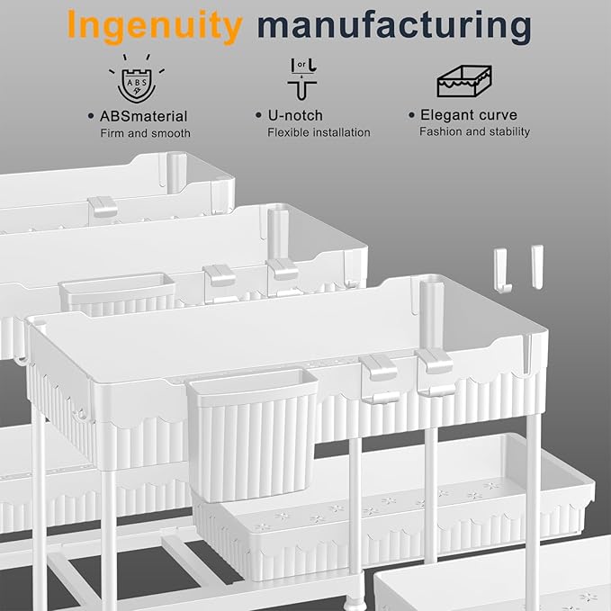 3 Pack Under Sink Organizers, 2-Tier Multi-Use Kitchen and Bathroom Organizers and Storage with Sliding Drawers，Bathroom Cabinet Organizer (White, 12.8 Inch)