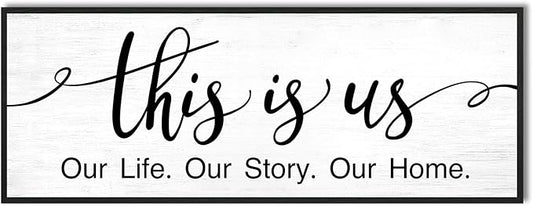This is Us Wall Decor: 40x15 Inch Farmhouse Canvas Print Framed Family Sign for Living Room,Modern Minimalist Art with Quote Our Life Our Story Our Home Master Bedroom Wall Decor