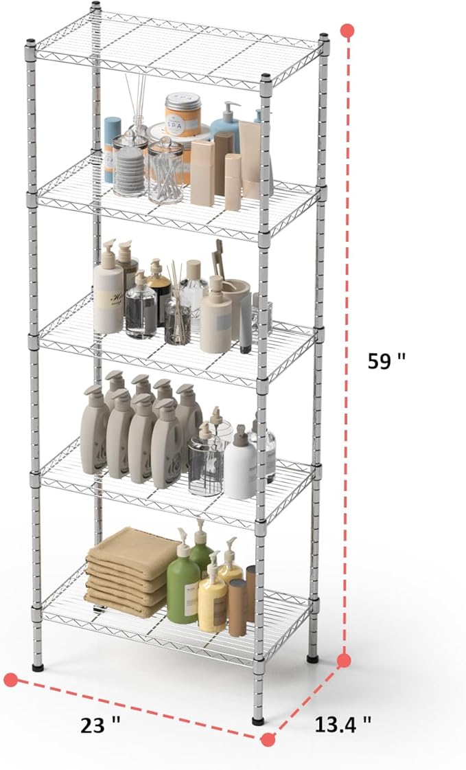 5 Tier Shelving Unit, 176 LBS Per Shelf Height Adjustable Narrow Storage Shelves, Heavy Duty Metal Garage Metal Shelves for Kitchen, Restaurant, Pantry, Laundry, 23"x 13.4"x 59", Chrome