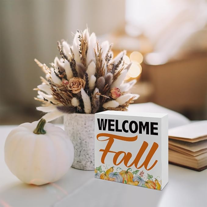 Welcome Fall Wooden Box Sign, Front Door Porch Decor, Desk Decors Art, Decorative Wooden Table Signs, Rustic Farmhouse Home Decor, Autumn Decoration Gift, Fall Wood Signs A3