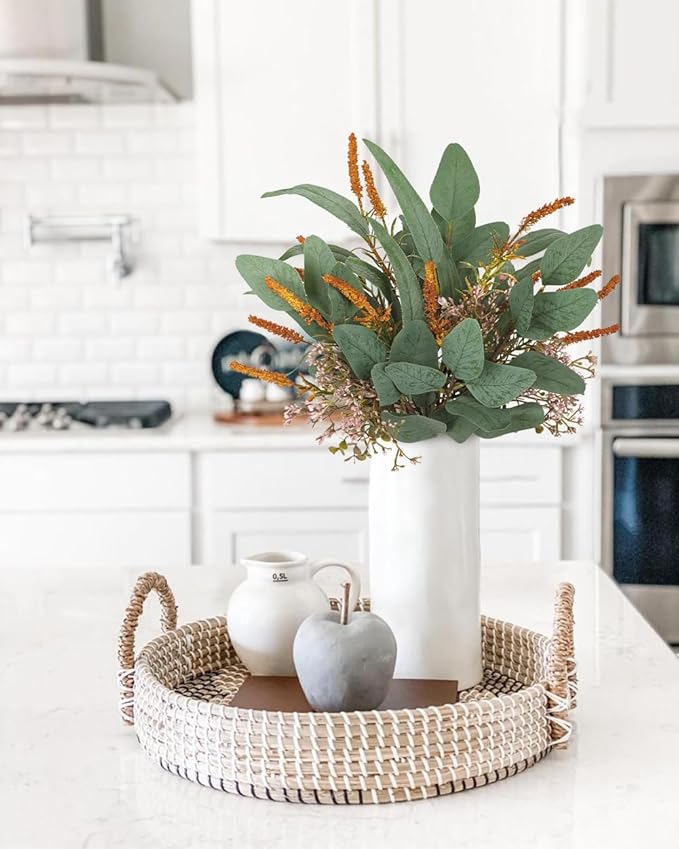 Fall Artificial Eucalyptus Bouquet with Orange Sage Leaves – Autumn Faux Greenery Bush with Raffia Wrap for Farmhouse, Kitchen, Table, and Seasonal Home Décor