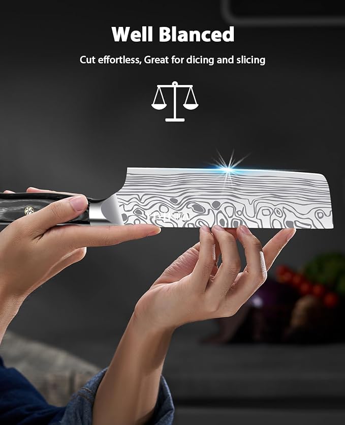 MOSFiATA 7” Nakiri Chef's Knife with Finger Guard, German High Carbon Stainless Steel EN1.4116 Vegetable Knife, Multipurpose Kitchen Knife with Micarta Handle in Gift Box