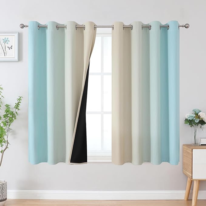 Estelar Textiler Aqua and Beige Blackout Curtains 54 Inch Length, Light Blocking Gradient Grommet Drapes for Living Room, Thermal Insulated Ombre Curtains for Bathroom,52Wx54L,2 Panels