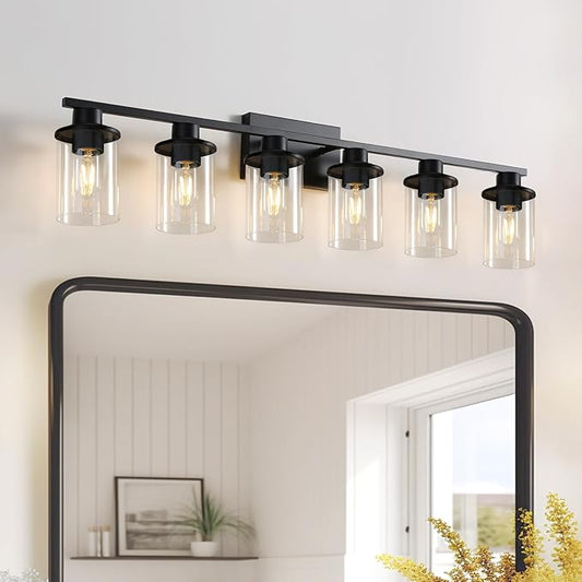 LOUSACE 6 Light Bathroom Vanity Light, Matte Black Bathroom Light Fixtures, Modern Bathroom Lights Over Mirror with Clear Glass Shade, Wall Sconce Lighting for Bedroom Living Room