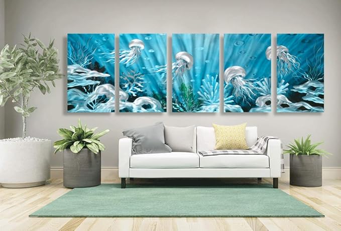 Yihui Arts Blue Deep Sea Metal Wall Art, Large Jellyfish Metal Artwork in Modern Ocean Design, 3D Wall Art for Modern and Contemporary Decor, 5-Panels, Metal Wall Decor