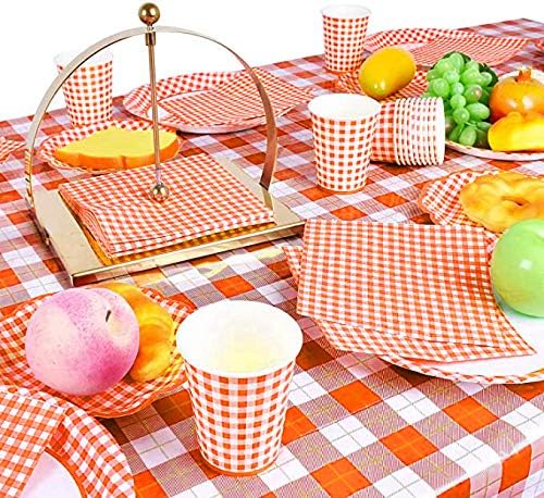 Gatherfun Disposable Paper Napkins 3-ply Orange and White Gingham Beverage Napkins for Dinner, Picnic, Birthday Party（6.5X6.5 in, 50-Pack)