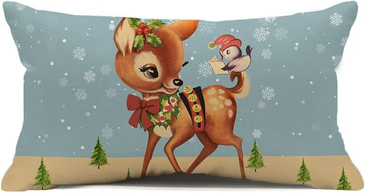 Blue Linen Christmas Pillow Covers - 12x20 Inch, Winter Deer Xmas Throw Pillows - 12 Pack, Outdoor Couch Home Decor