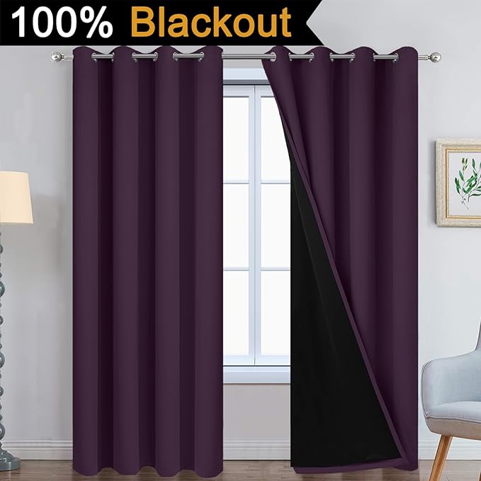 Yakamok 100% Blackout Curtains 84 Inches Long, 2 Thick Layers Heat and Full Light Blocking Soft Thermal Insulated Drapes for Bedroom(52" Wide Each Panel,Purple, 2 Panels)