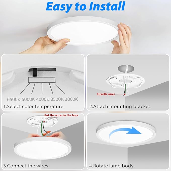 Peasur 7 inch LED Ceiling Light, 3000K/3500K/4000K/5000K/6500K Adjustable Flush Mount Light Fixture, 1500LM 15W Thin White Round Lamp for Hallway Kitchen Bathroom Bedroom, 12Pack