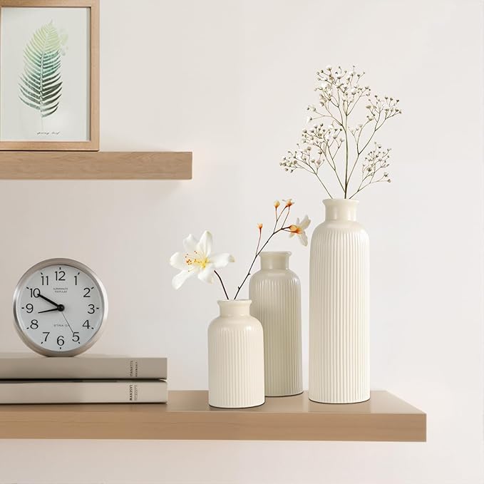 Small Beige Ceramic Vase Set of 3, Boho Modern Beige Flower Vase Room Decor, Farmhouse Decor, Vases for Your Kitchen, Bathroom, Bedroom, Living Room, Office&Shelf Centerpiece Table Decorations