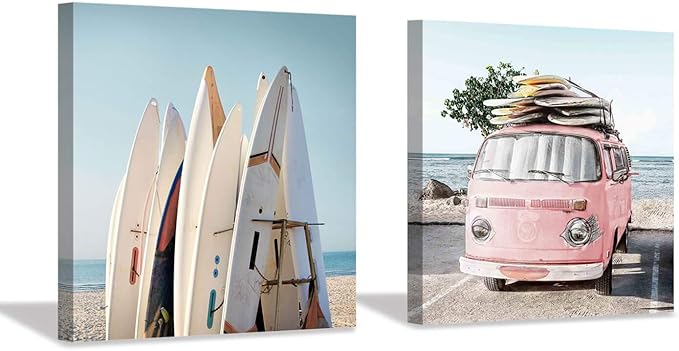 Beach Picture Coastal Art Painting: Surfboard & Pink Car Ocean Wall Art on Canvas for Bedroom Bathroom (12” x 12” x 2 Panels)