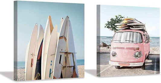 Beach Picture Coastal Art Painting: Surfboard & Pink Car Ocean Wall Art on Canvas for Bedroom Bathroom (12” x 12” x 2 Panels)