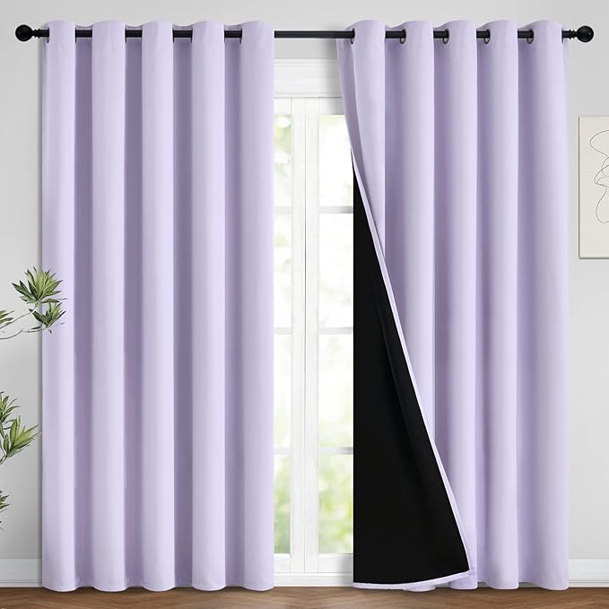Yakamok 2 Thick Layers 100% Completely Blackout Window Curtains,Thermal Insulated Noise Reducing Drapes for Girl's Bedroom(62Wx96L, Lilac, 2 Panels)