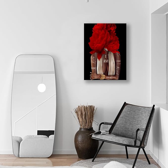 Inspirational Wall Art Canvas, African American Empowerment, Red Floral Design, Modern Home Decor 12"x16"