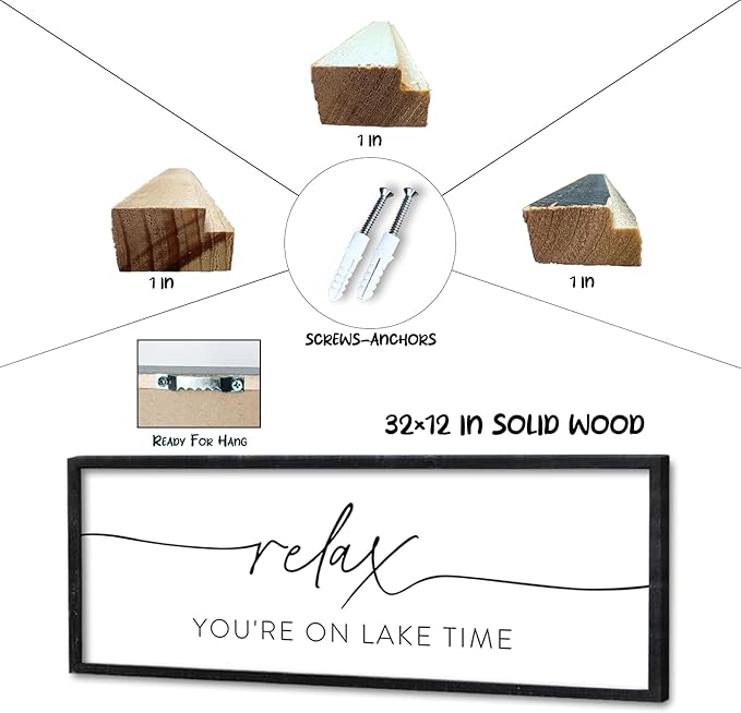 Surfapans Lake House Wall Decor Relax You're On Lake Time Sign 32"×12" for Bedroom Above Over Bed Lakeside Retreat Living Room Minimalist Large Wood Framed Horizontal Wall Hanging Art (Black)