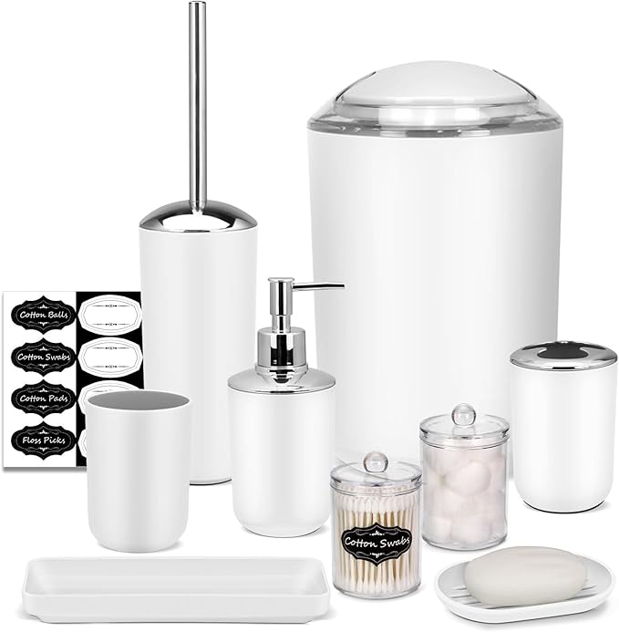 White Bathroom Set,9 Piece Bathroom Accessories Set,Tray,Soap Dispenser,Toothbrush Holder,Toothbrush Cup,Soap Dish,Toilet Brush,Qtip Holders,Trash Can for Bathroom Décor and Housewarming Gifts