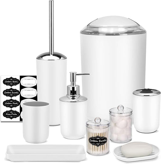 White Bathroom Set,9 Piece Bathroom Accessories Set,Tray,Soap Dispenser,Toothbrush Holder,Toothbrush Cup,Soap Dish,Toilet Brush,Qtip Holders,Trash Can for Bathroom Décor and Housewarming Gifts
