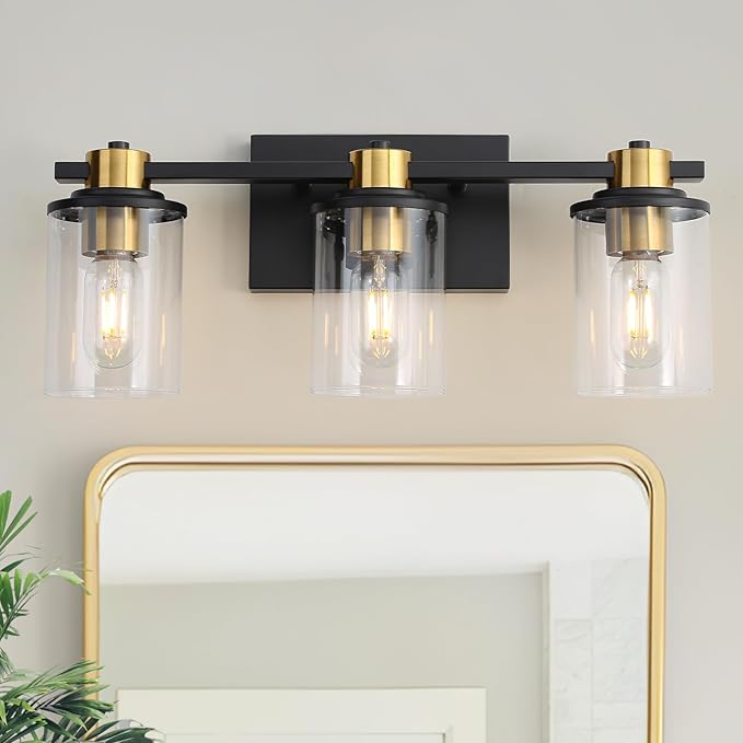 LOUSACE Bathroom Lighting Fixtures Black and Gold 3 Light Bathroom Vanity Light Over Mirror with Clear Glass Shades, Brushed Gold Socket Wall Vanity Lighting Fixtures for Bedroom Living Room