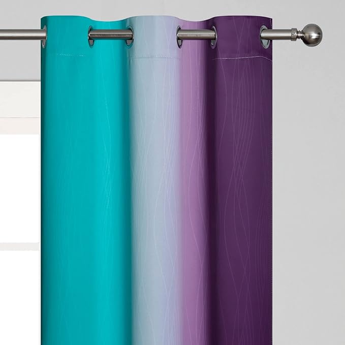 Estelar Textiler Ombre Teal and Purple Blackout Curtains 72 Inch Length 2 panels, Grommet Thermal Insulated Gradient Drapes for Kids Room, Full Light Blocking Blackout Curtains for Bedroom, 42x72 Inch