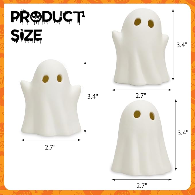 NEROSUN 3 Pack Cute Ghost Light Up Halloween Decor, LED White Ceramic Spooky Flameless Lanterns Decorative Light Fall Halloween Party Decoration for Home Bedroom Room Table Shelf