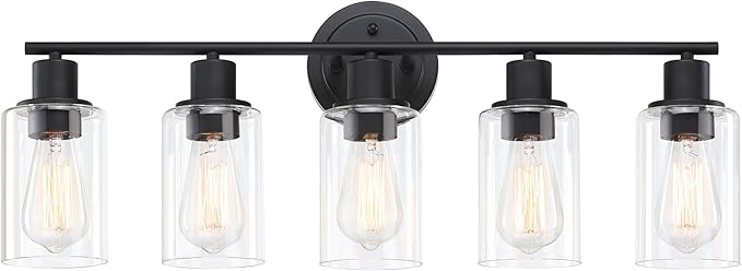 5-Light Black Bathroom Vanity Light Fixture Over Mirror - 5 Bulb Black Wall Sconce for Bathroom Bedroom Hallway Wall Mount Fixture Over Kitchen Sink