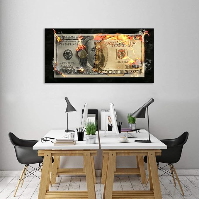 Abstract Creative Dollar Wall Art Burning 100 Bill Money Office Artwork Wall Decor HD Print Flame Dollar Work Art for Study Room Classroom Library Wall Decor Frame and Stretched Easy to Hang-40"Wx20"H