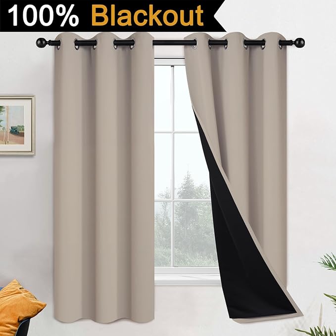 Yakamok 100% Blackout Curtains 63 Inches Long, 2 Thick Layers Heat and Full Light Blocking Soft Thermal Insulated Drapes for Bedroom(42" Wide Each Panel, Natural, 2 Panels)