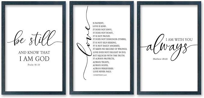 SRSZHIYUE Bible Verses Wall Decor Be Still Love Is Patient I Am With You Always 16"×11" Set of 3 Wooden Framed Scripture Living Room Wall Hanging Art (Black)
