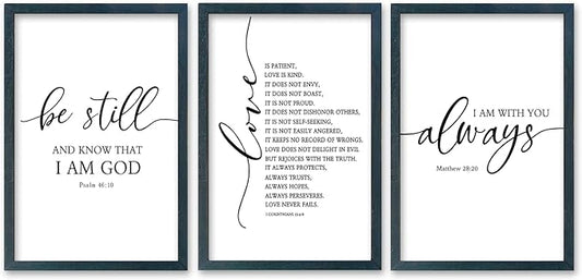 SRSZHIYUE Bible Verses Wall Decor Be Still Love Is Patient I Am With You Always 16"×11" Set of 3 Wooden Framed Scripture Living Room Wall Hanging Art (Black)