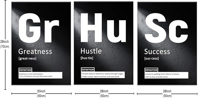 Greatness Hustle Success Inspirational 3 Pieces Posters Print Wall Art Home Decor Positive Sign Picture Painting Artwork for Living Room Gym Workplace Office Stretched and Framed [60''Wx28''H]