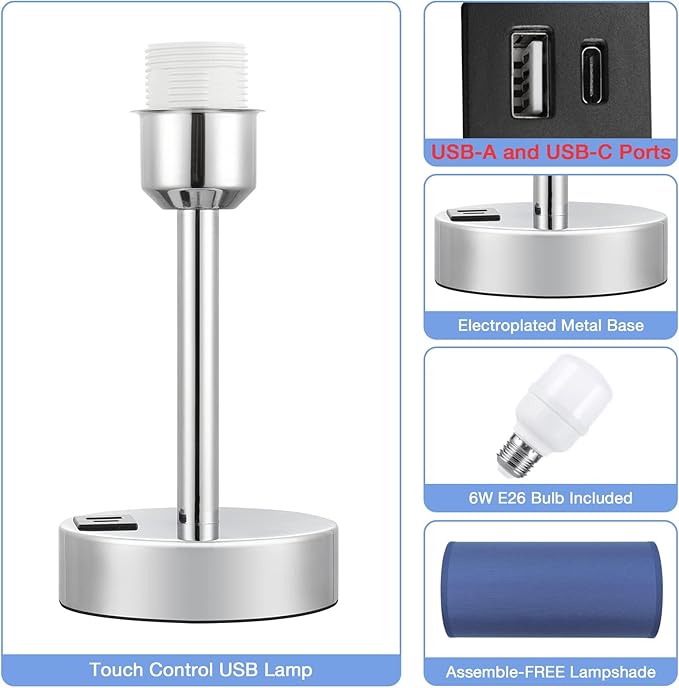 Navy Blue Touch Lamp for Boys - Small Nightstand Lamp with USB-C and USB Charging Ports, 3 Way Dimmable Bedside Table Lamp with Fabric Shade Silver Base for Nursery, Dorm, Office, Reading