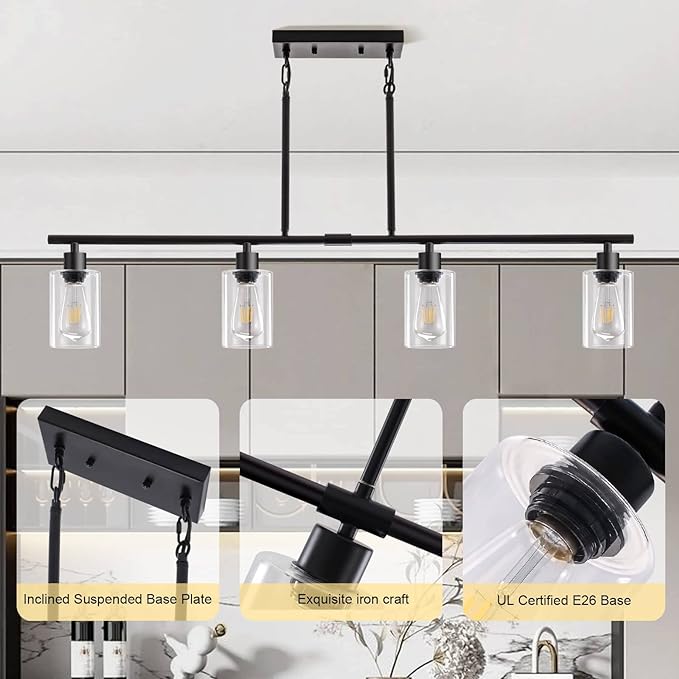 Kitchen Island Lighting, 4 Lights Linear Chandeliers Pendant Light Fixtures for Dining Room Farmhouse Hanging Light with Glass Shades(Black)