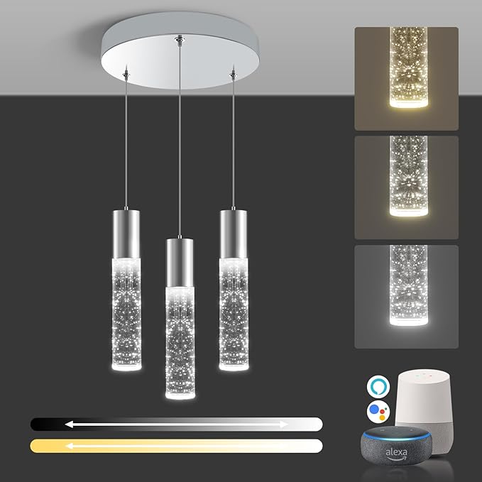 OKELI Smart Dimmable LED 3-Light Pendant Light for Kitchen Island, 18W 1350LM Modern Bubble Crystal Island Light Fixture with TUYA App & Voice Control, Adjustable 3000K-6000K, Electro-Chrome, Round