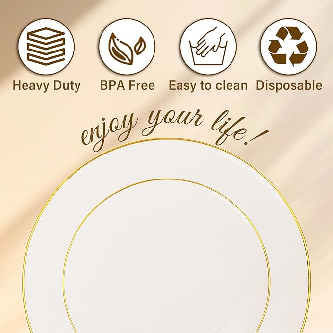 Nervure 100Pcs Ivory and Gold Plastic Plates - 10.25inch Disposable Ivory Dinner Plates - Heavy Duty Plastic Plate Ideal for Wedding & Party & Thanksgiving
