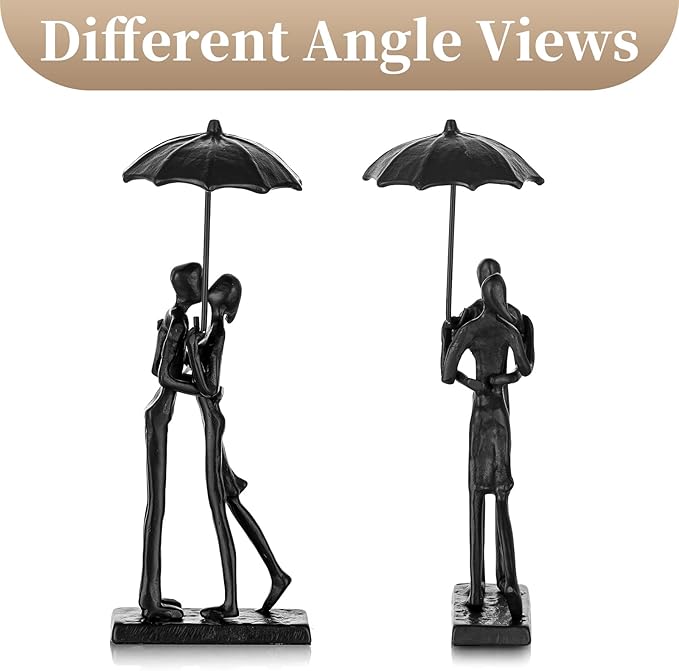 Sziqiqi Iron 6th Sculpture for Wife - Black Metal Couple Statue Kissing Under Umbrella Man Woman Sculpture Figurines for Shelf Mantel Fireplace Entry Bookshelf Television Room