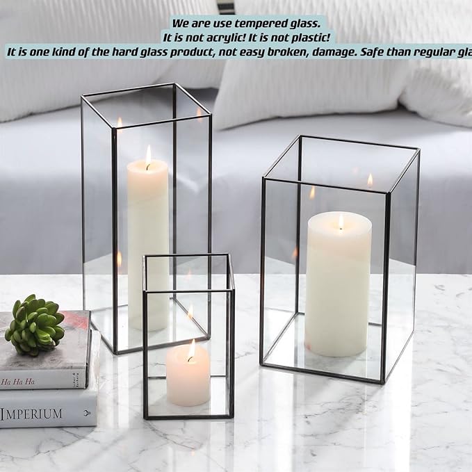 Set of 3 Square Glass Hurricane Candle Holders, Clear Glass Framed in Black-Finish Brass, Great for Home Decor and Wedding,Holiday Decor.