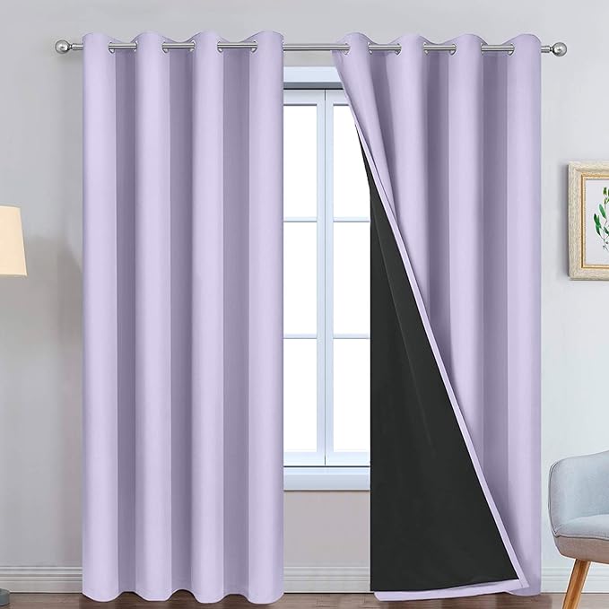 Yakamok 2 Thick Layers Completely Blackout Window Treatment Thermal Insulated Soundproof Drapes for Girl's Bedroom(52Wx96L, Lilac, 2 Panels)
