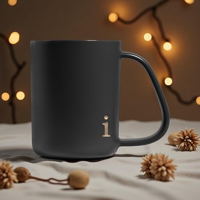 COLLECTIVE HOME - Ergonomic Handle Ceramic Mug, 15 oz Personalized Coffee Cup with Golden Initial, Microwave & Dishwasher Safe, Elegant Monogram Tea Mug in Gift Box for Home & Office (Black-i)
