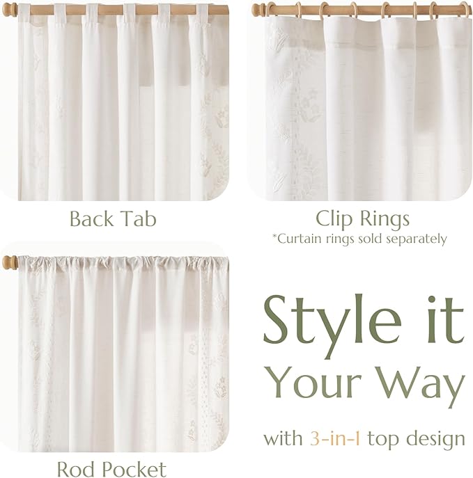 jinchan Belrose Linen Curtains for Bedroom Floral Curtains 96 Inch Length Linen Blend White Embroidered Drapes Farmhouse Flower Patterned Drapes for Living Room Window Treatments Set 2 Panels
