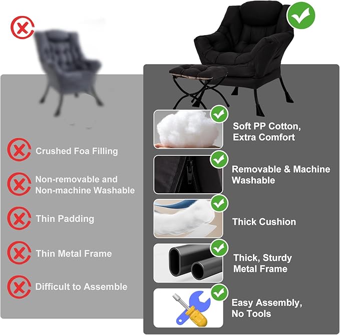 Modern Lazy Chair with Folding Footrest, Lounge Accent & Comfortable Reading Chair (Black)
