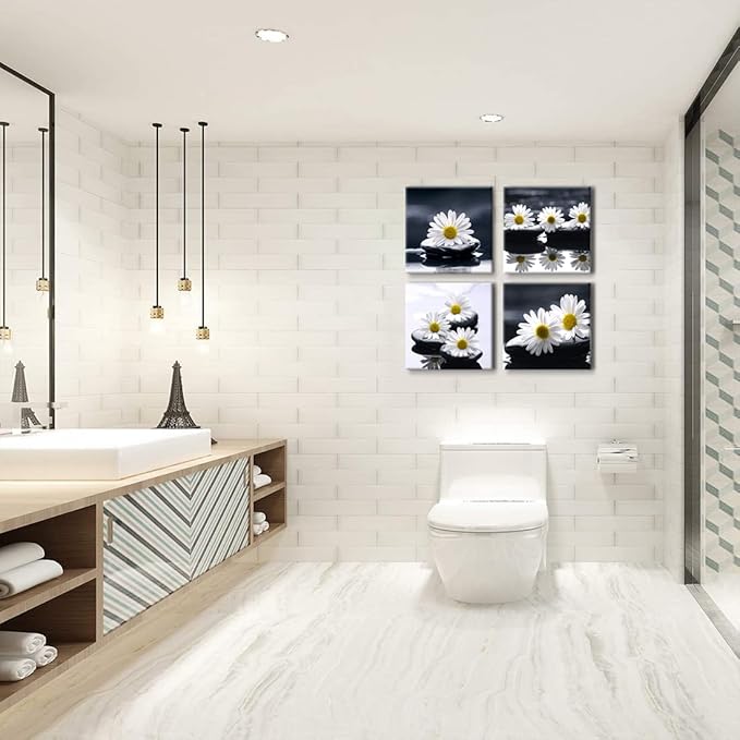 Yxbhhym-Black and White Wall Art Zen Décor Canvas Print Daisy Poster Painting Flower Stone Picture Meditation Artwork for Bathroom Decoration Dining Wall Art Bedroom Living Room Decor Office Framed