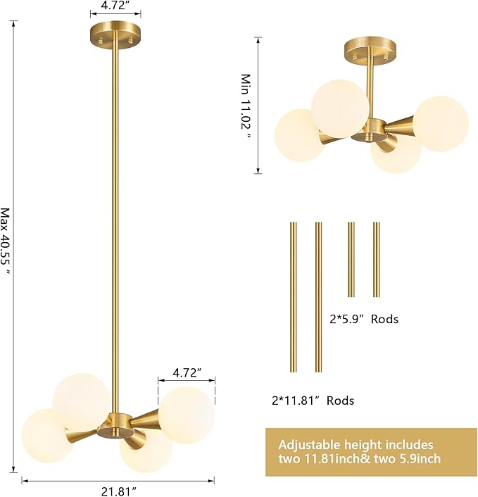 Mid Century Modern Ceiling Light with Milk White Glass lampshade Gold Semi Flush Mount Ceiling Light Fixture Sputnik Chandelier for Bedroom Living Room Dining Room Foyer Hallway(4-Lights)